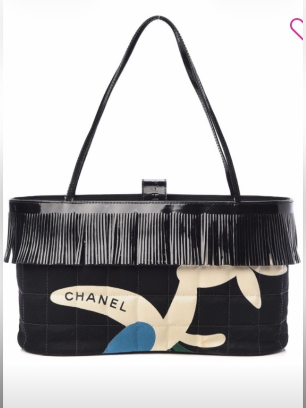 CHANEL Patent Canvas Fringe/quilted floral print bag.